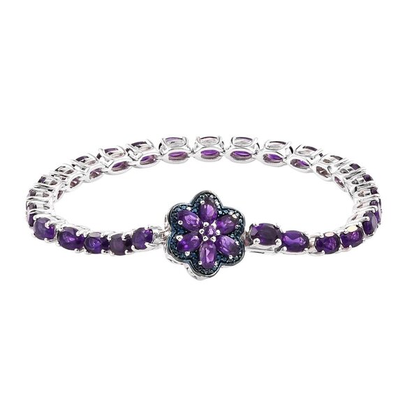 Rhodium Plated Sterling Silver Bracelet With Polished African Amethyst And Blue - Picture 1 of 4
